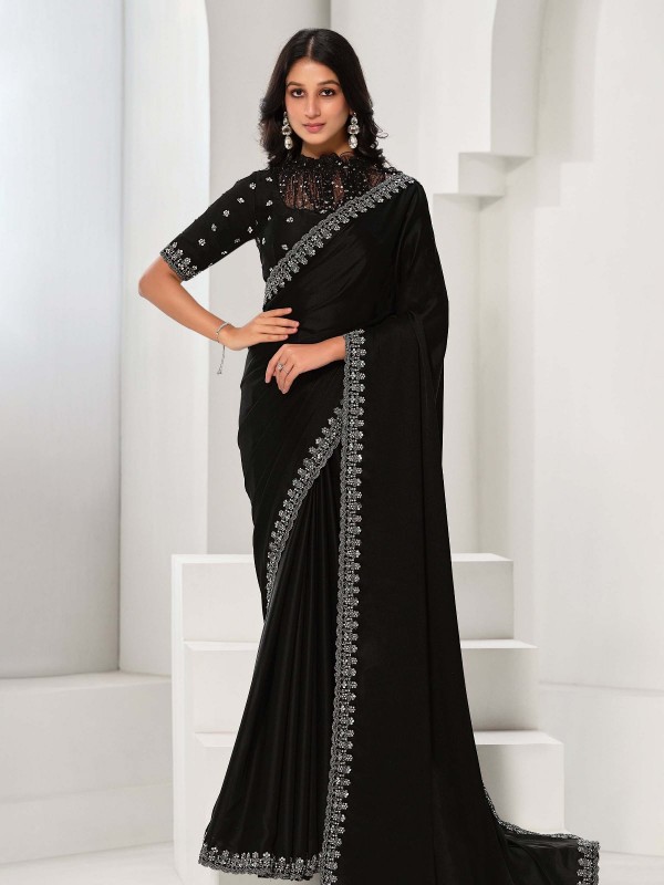 Black Crepe Satin Silk Saree